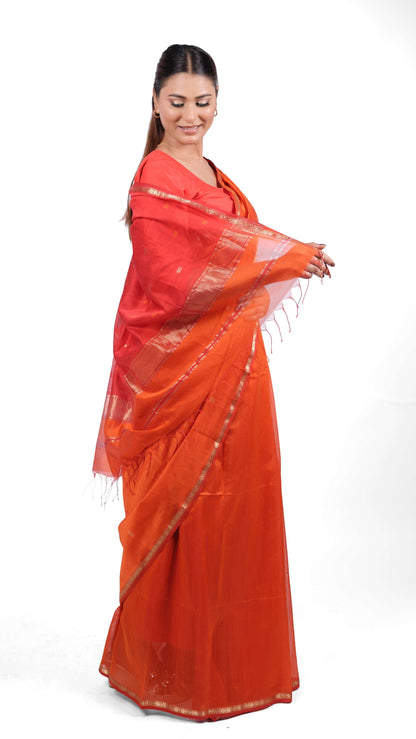 Small zari border, star booti saree, cotton silk,color-Rust Orange/Red