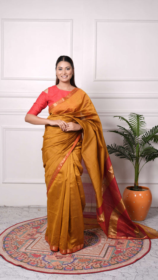 Zari Border plain Saree, Cotton Silk, Color-Golden/Rust Orange