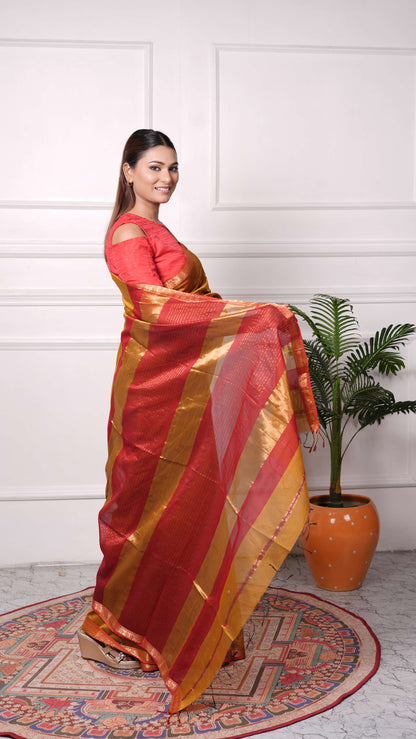 Zari Border plain Saree, Cotton Silk, Color-Golden/Rust Orange