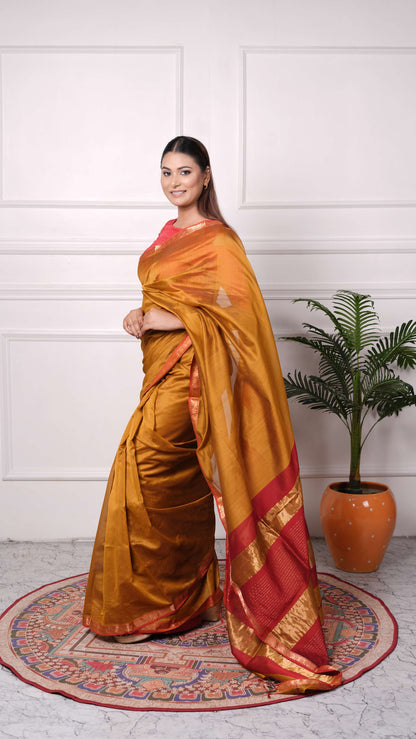 Zari Border plain Saree, Cotton Silk, Color-Golden/Rust Orange