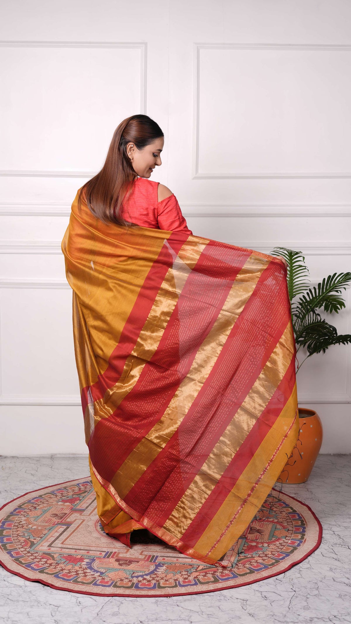 Zari Border plain Saree, Cotton Silk, Color-Golden/Rust Orange