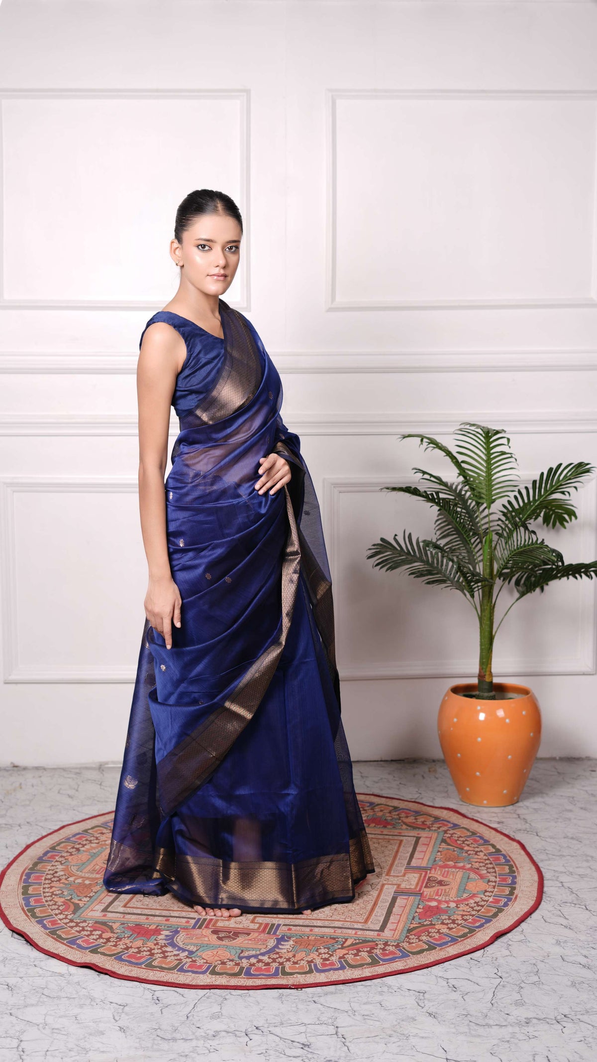 Golden zari, lotus booti saree, cotton silk, color-Royal Blue