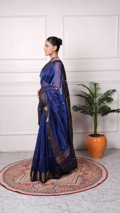 Golden zari, lotus booti saree, cotton silk, color-Royal Blue