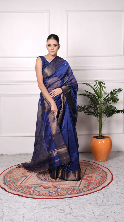 Golden zari, lotus booti saree, cotton silk, color-Royal Blue