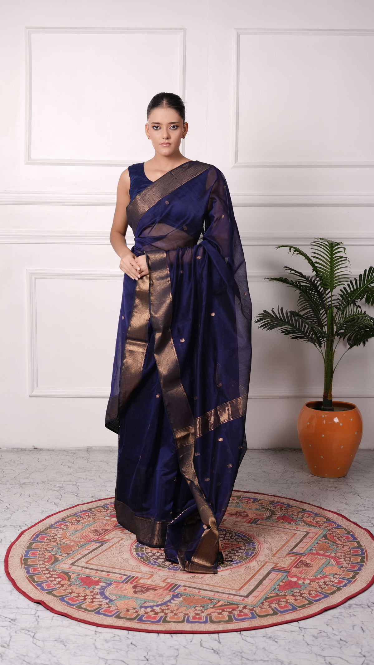 Zig-Zag border Saree with small flower booti, cotton/silk, color-Dark blue