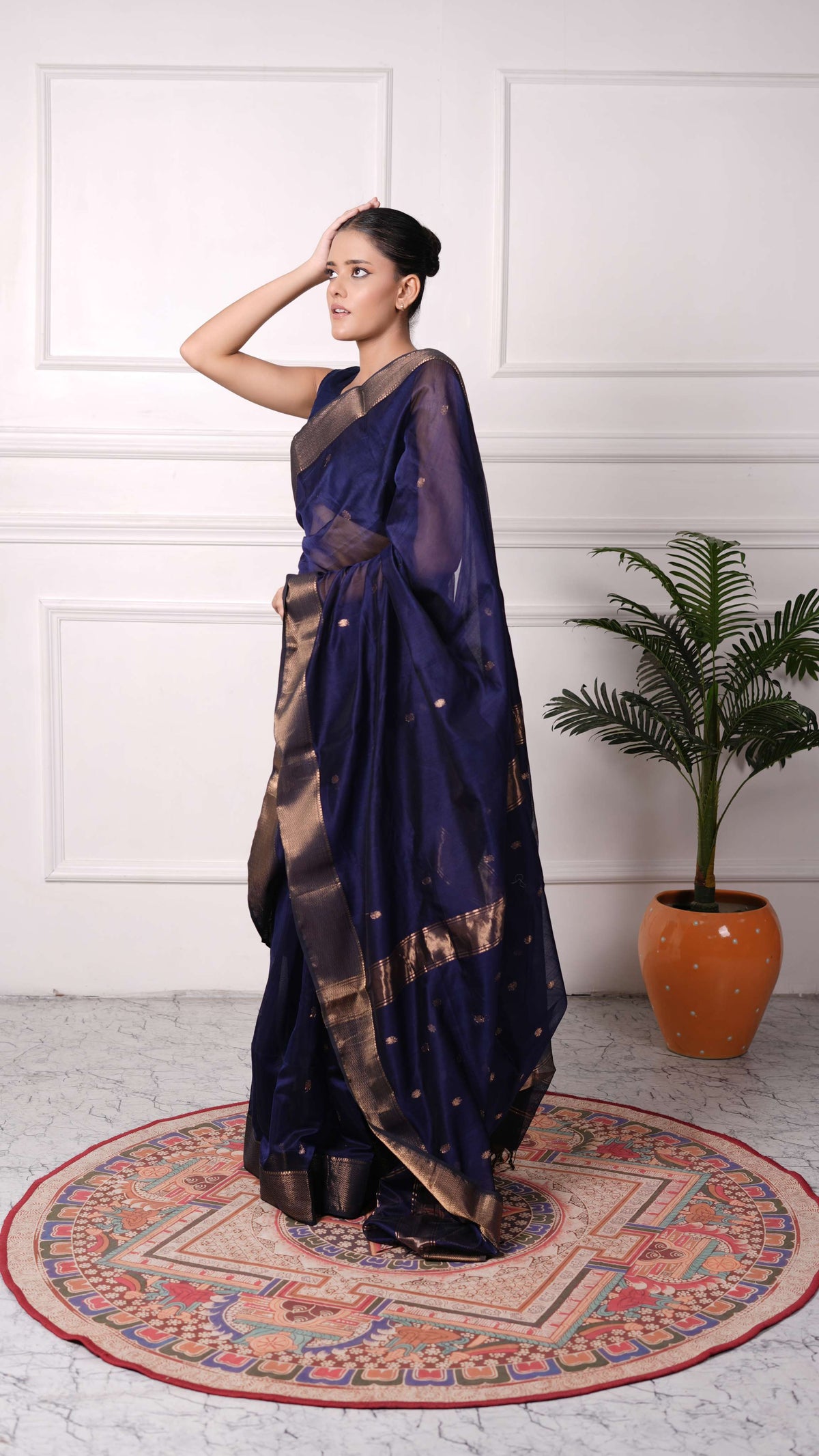 Zig-Zag border Saree with small flower booti, cotton/silk, color-Dark blue