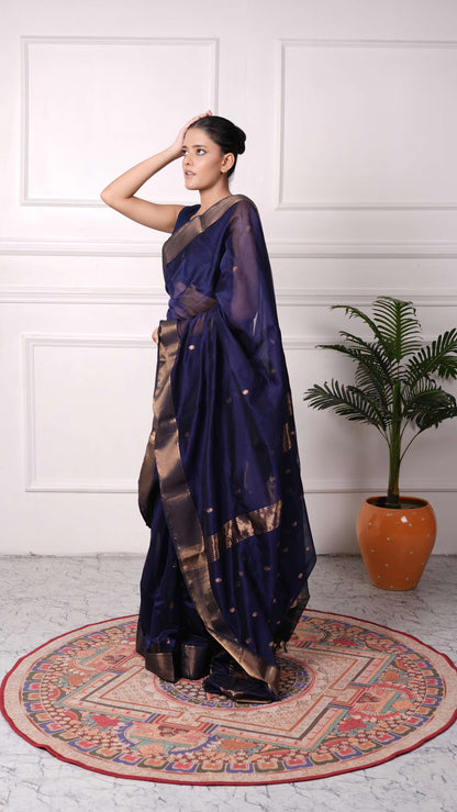 Zig-Zag border Saree with small flower booti, cotton/silk, color-Dark blue