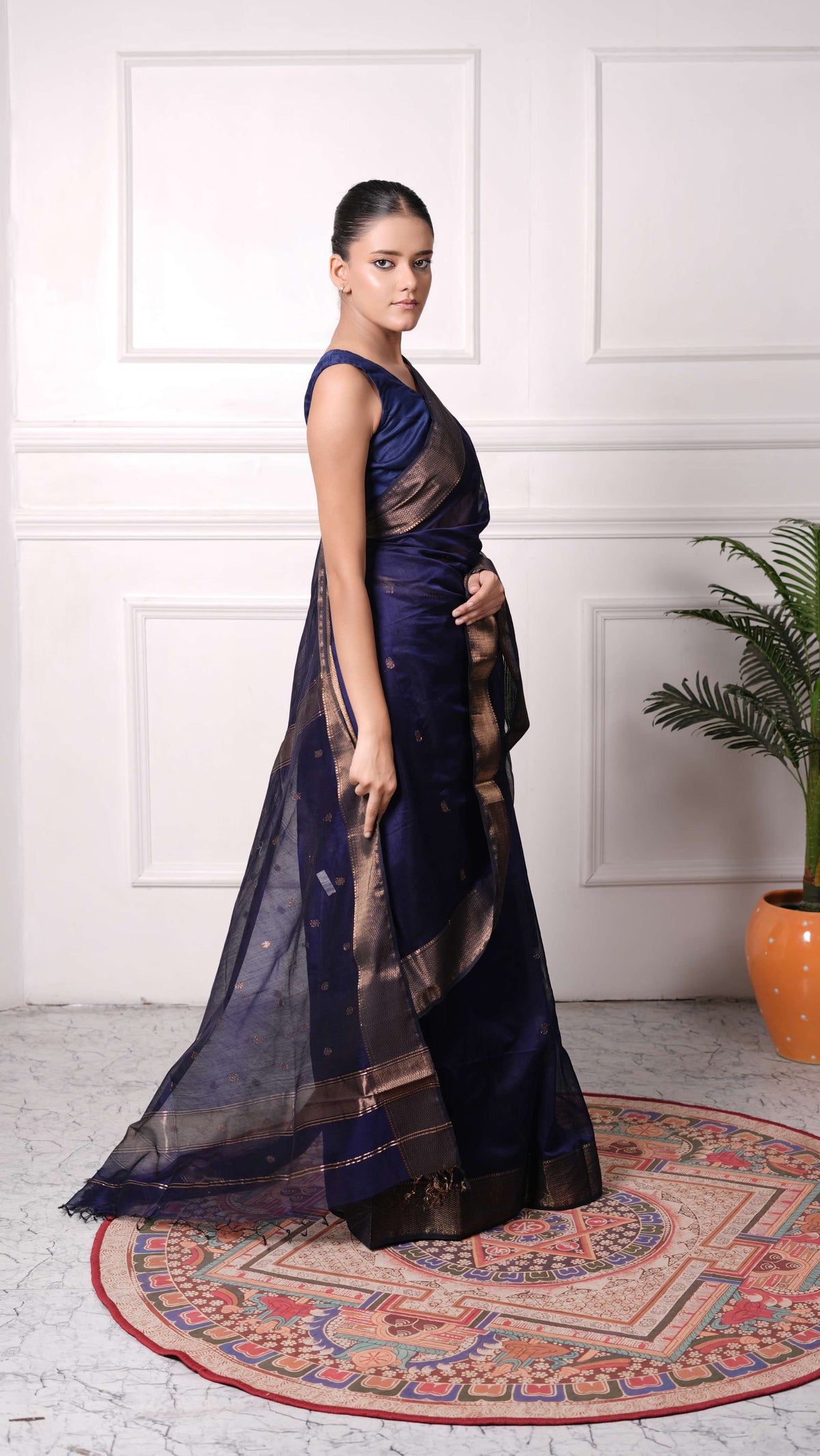 Zig-Zag border Saree with small flower booti, cotton/silk, color-Dark blue