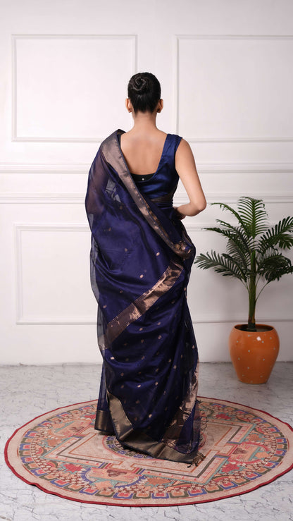 Zig-Zag border Saree with small flower booti, cotton/silk, color-Dark blue