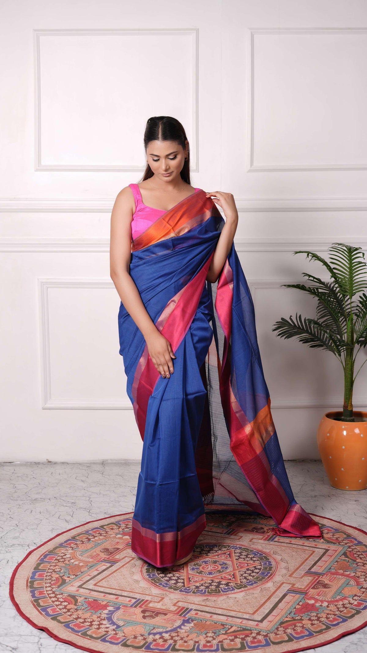 Resham big border Saree, cotton silk, color-Royal blue/Magenta