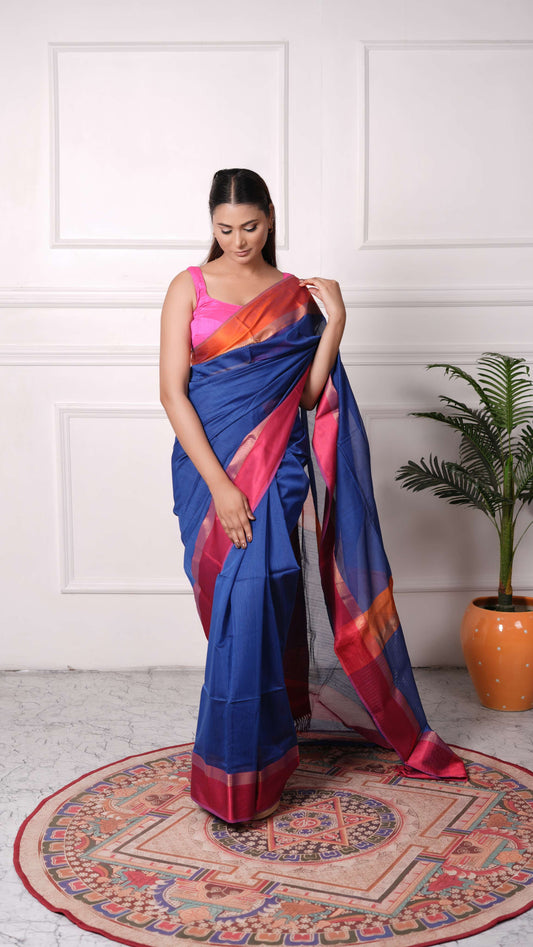 Resham big border Saree, cotton silk, color-Royal blue/Magenta