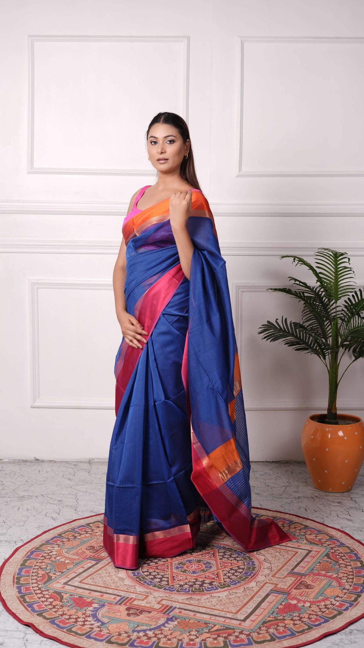 Resham big border Saree, cotton silk, color-Royal blue/Magenta