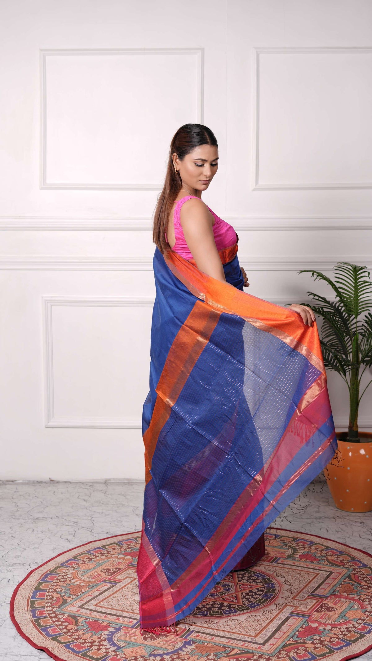 Resham big border Saree, cotton silk, color-Royal blue/Magenta