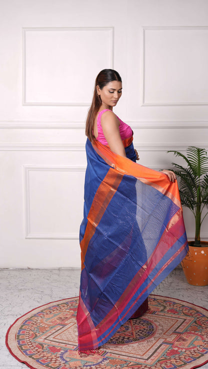 Resham big border Saree, cotton silk, color-Royal blue/Magenta