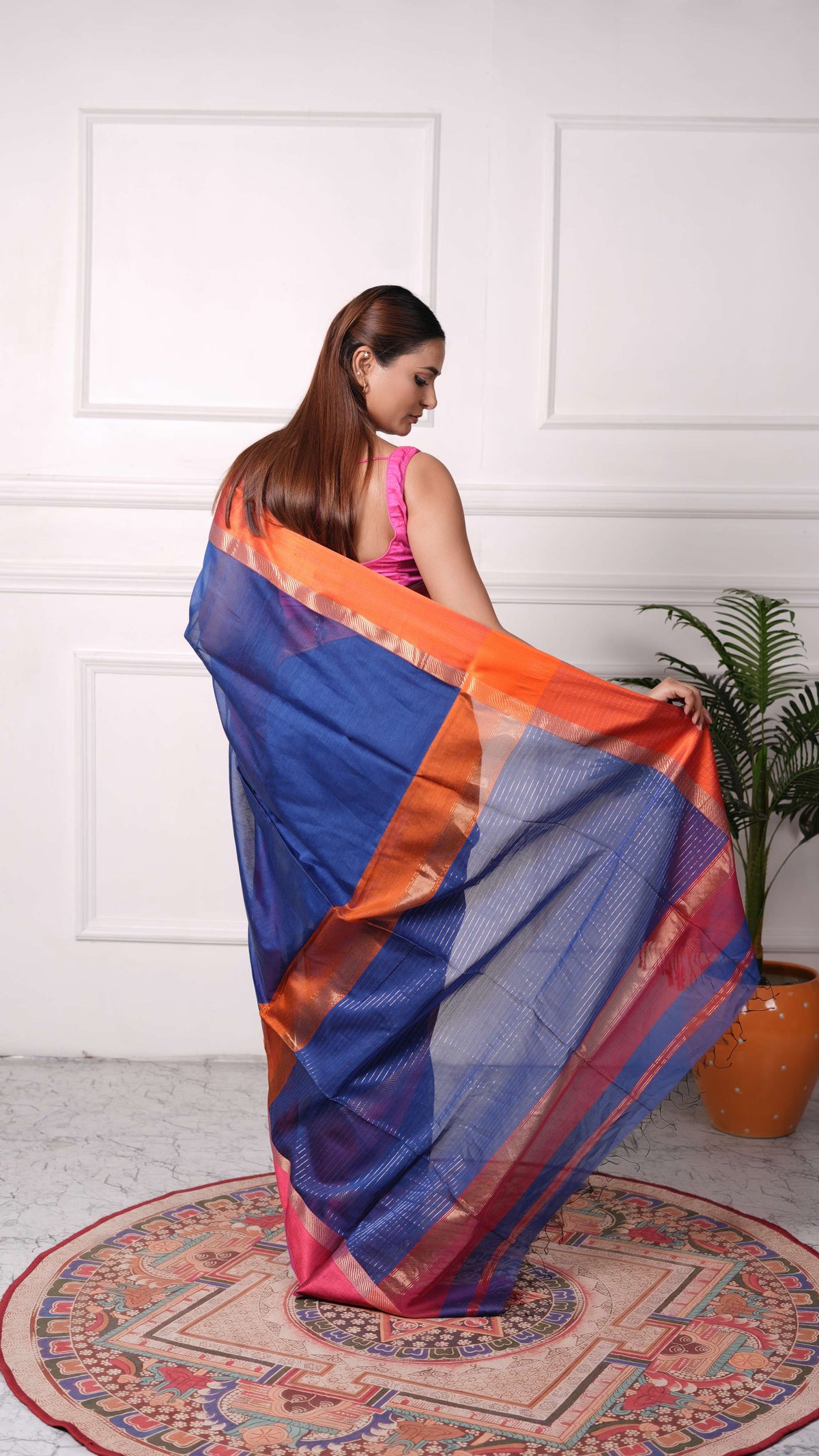 Resham big border Saree, cotton silk, color-Royal blue/Magenta