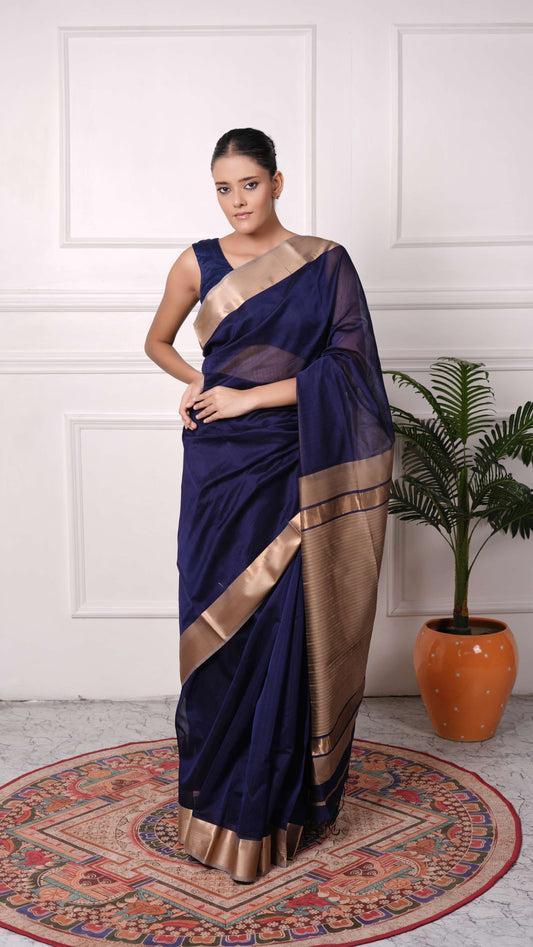 Resham big border Saree, cotton silk, color-Navy blue/beige