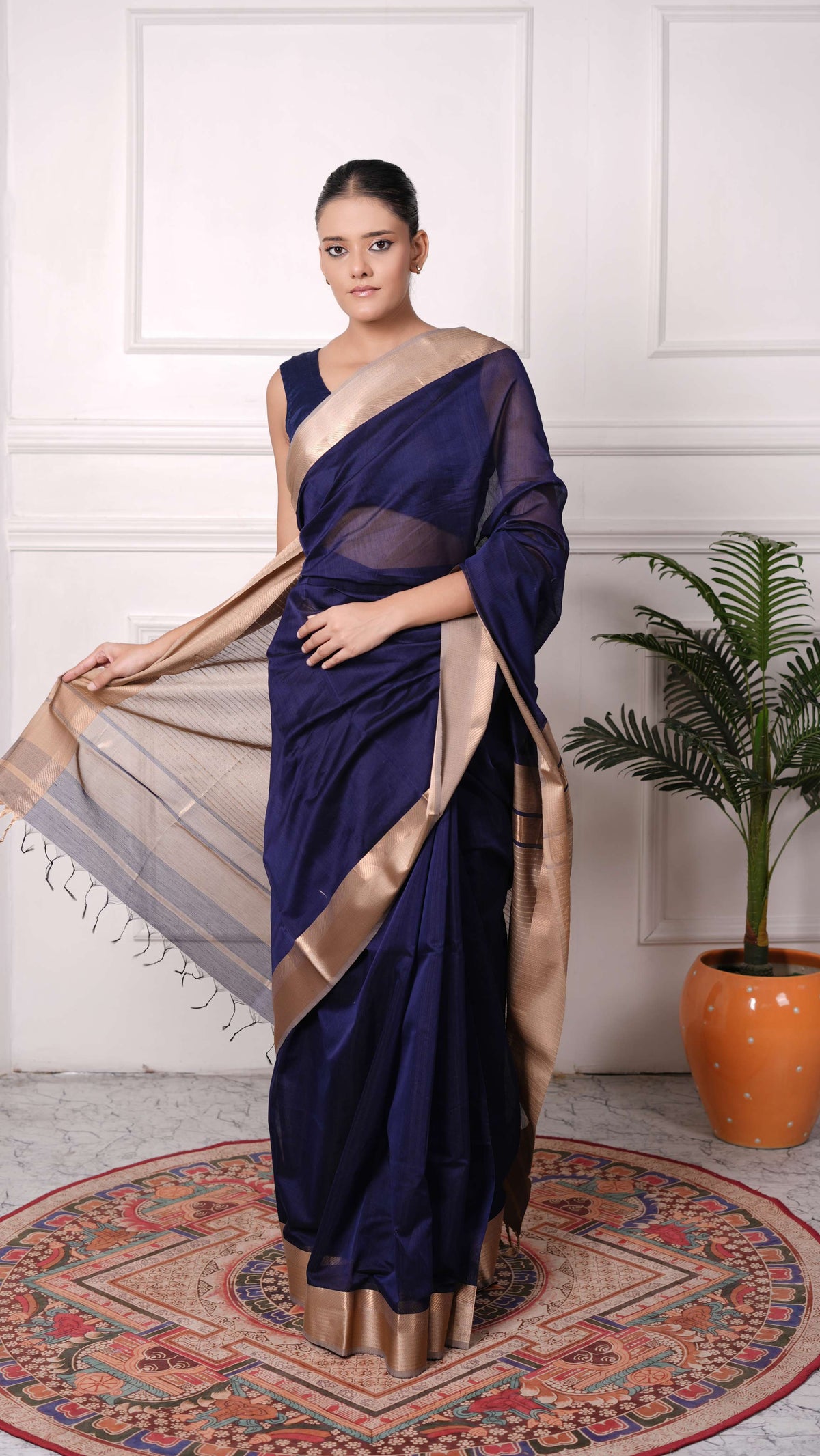 Resham big border Saree, cotton silk, color-Navy blue/beige