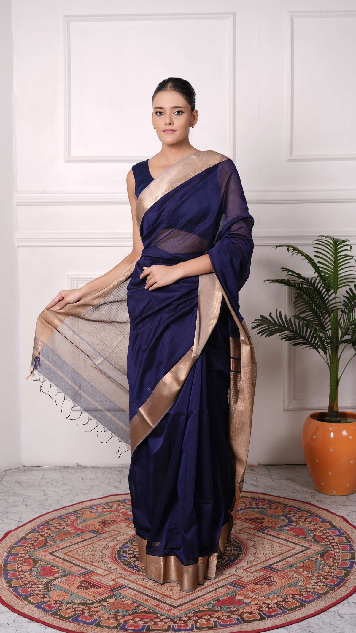 Resham big border Saree, cotton silk, color-Navy blue/beige