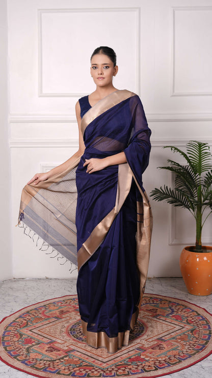 Resham big border Saree, cotton silk, color-Navy blue/beige