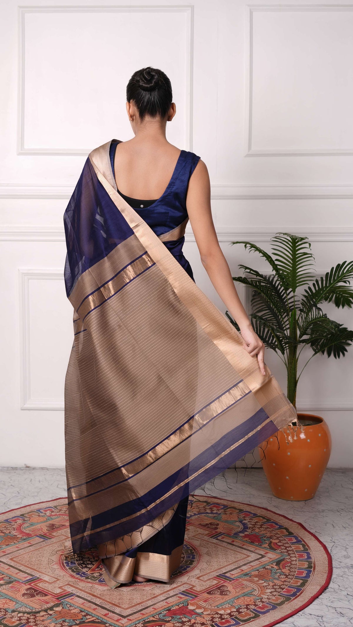 Resham big border Saree, cotton silk, color-Navy blue/beige