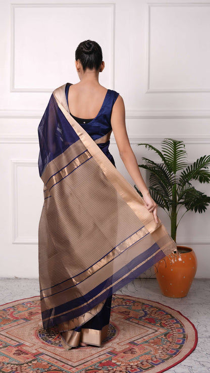 Resham big border Saree, cotton silk, color-Navy blue/beige