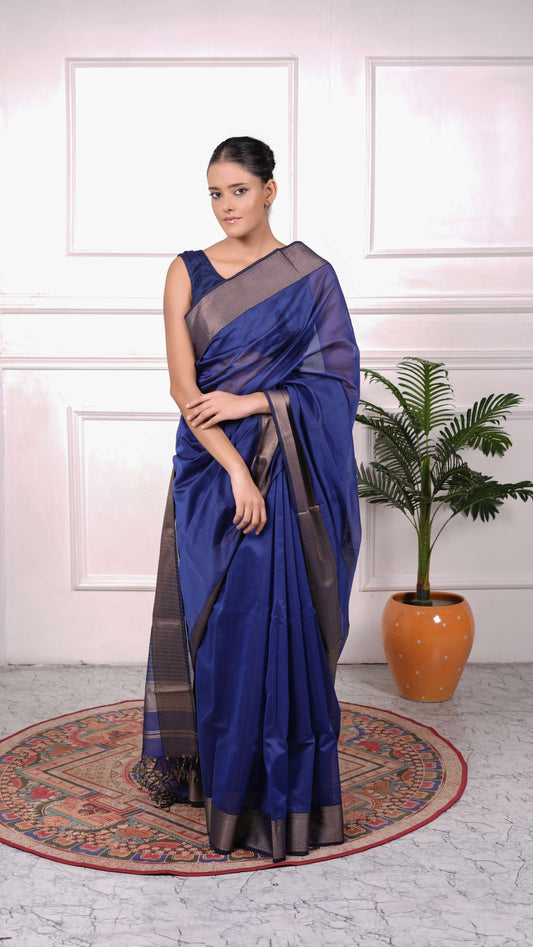 Resham wide zig-zag border saree, cotton silk, color-Dark blue