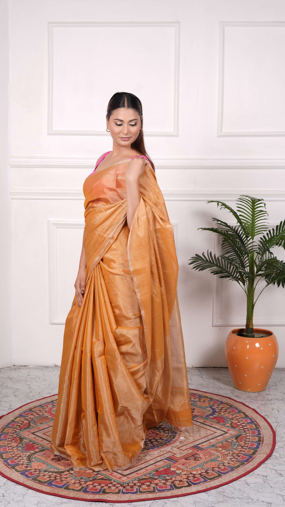 Full tissue without border plain saree, cotton silk, color-solid golden