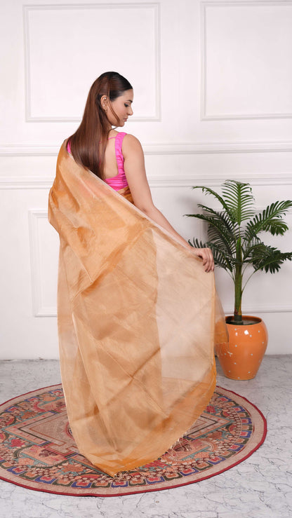 Full tissue without border plain saree, cotton silk, color-solid golden