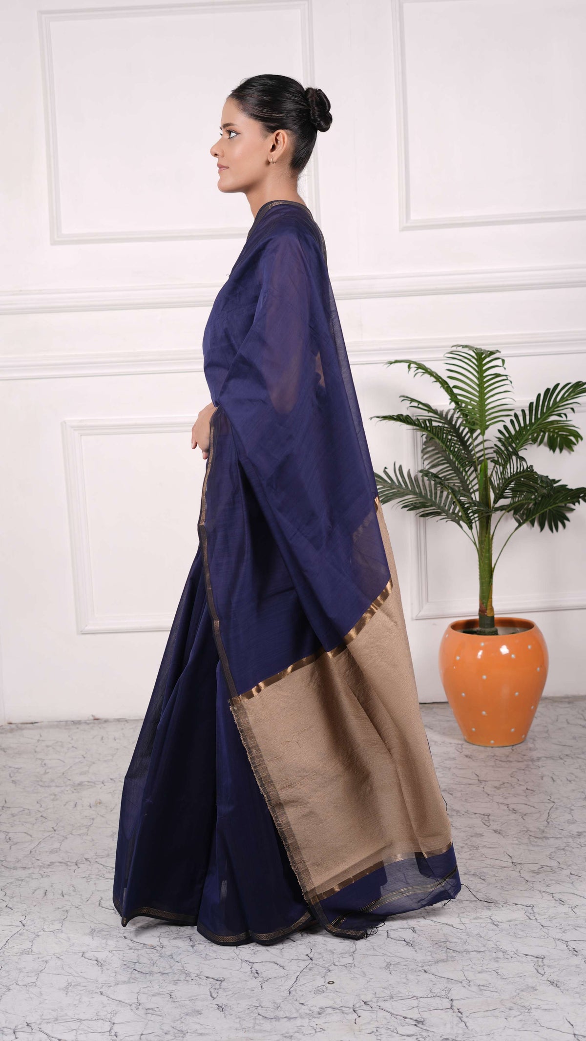 Kosa Palla Saree, small border, cotton silk, color-navy blue/beige