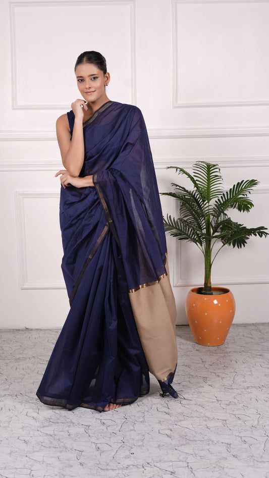 Kosa Palla Saree, small border, cotton silk, color-navy blue/beige