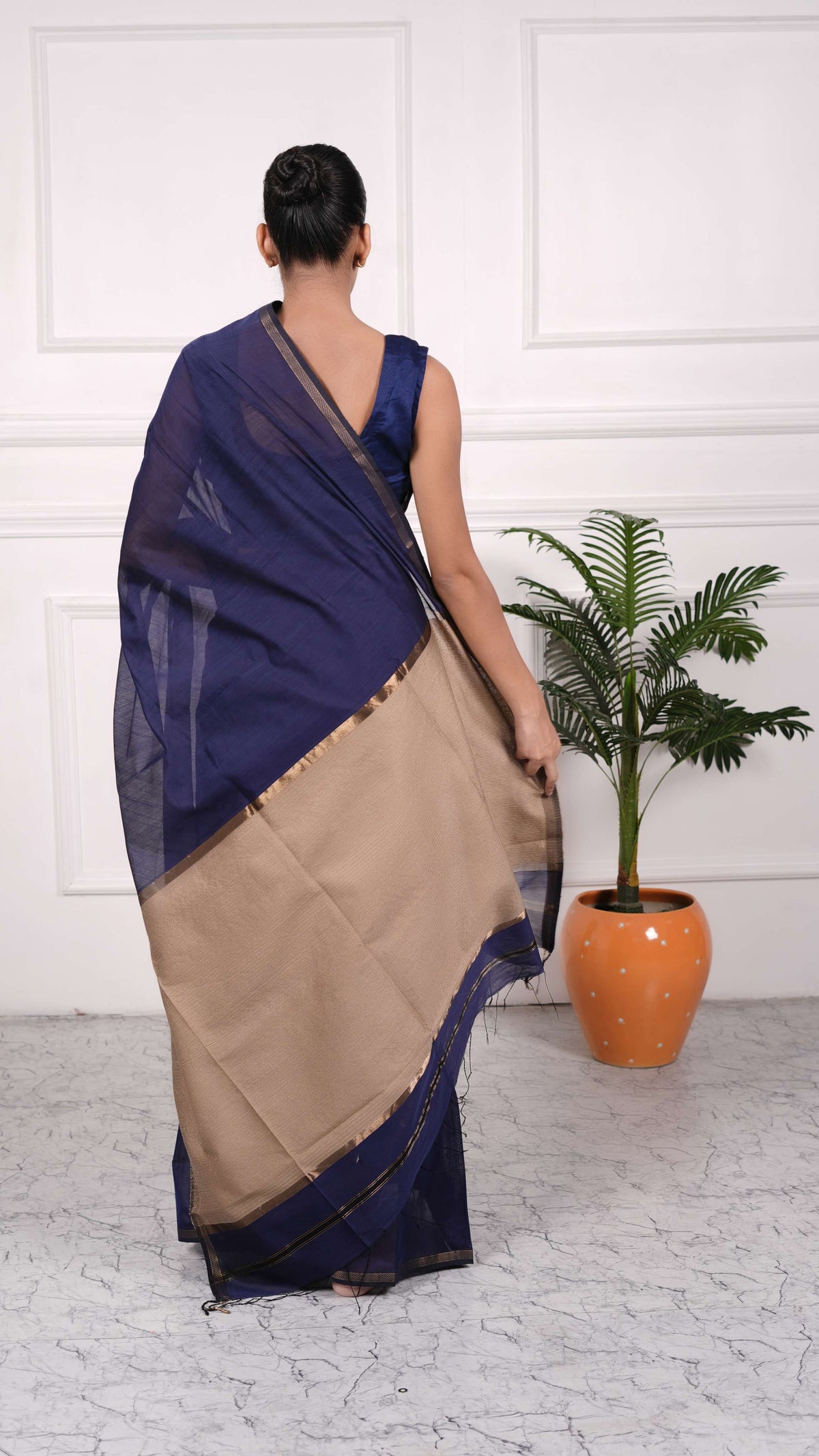 Kosa Palla Saree, small border, cotton silk, color-navy blue/beige