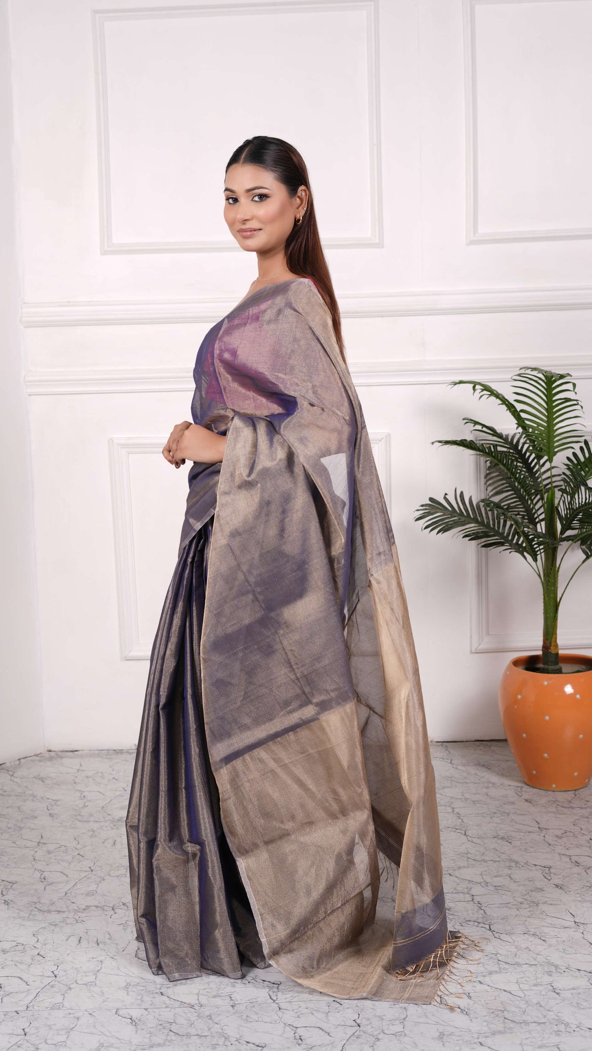 Full tissue without border plain saree, cotton silk, solid color- golden grey