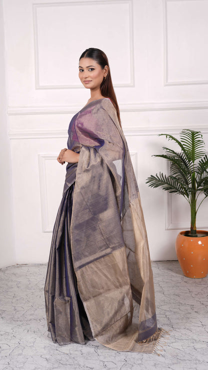 Full tissue without border plain saree, cotton silk, solid color- golden grey