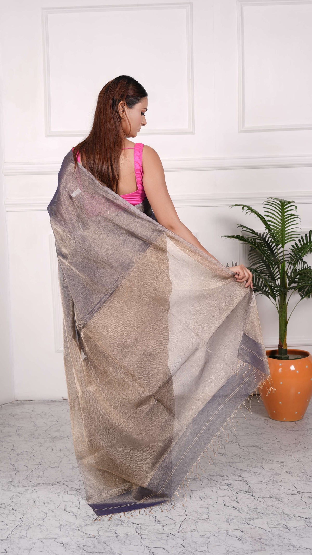 Full tissue without border plain saree, cotton silk, solid color- golden grey