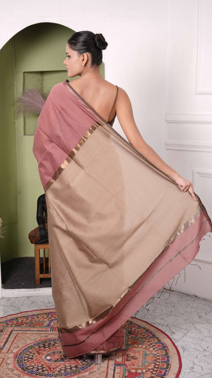 Kosa Palla Saree, small border, cotton silk, color-brown/beige