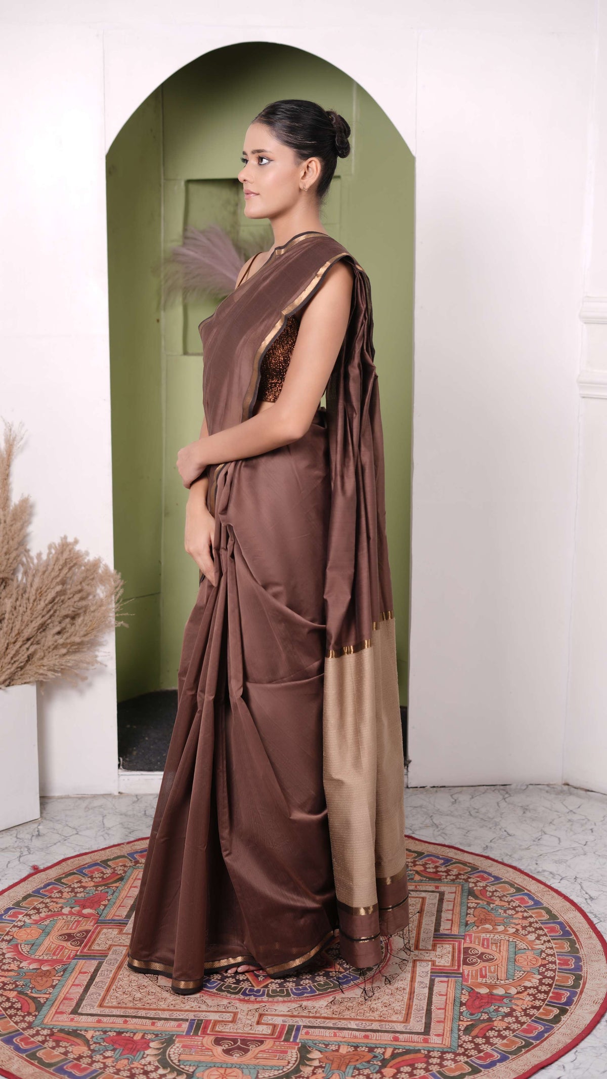 Kosa Palla Saree, small border, cotton silk, color-coffee/beige