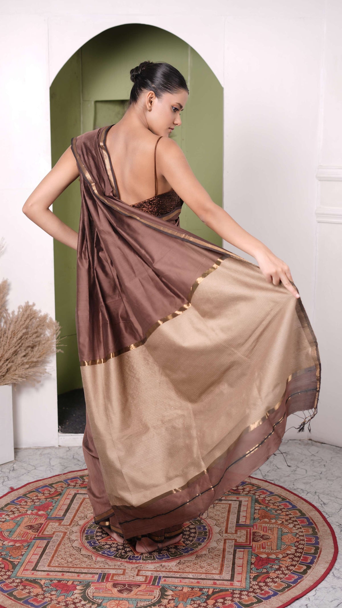 Kosa Palla Saree, small border, cotton silk, color-coffee/beige