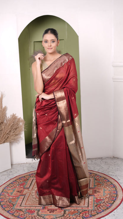 Maheshwar Saree with diamond border & booti, cotton silk, color-Maroon/Beige