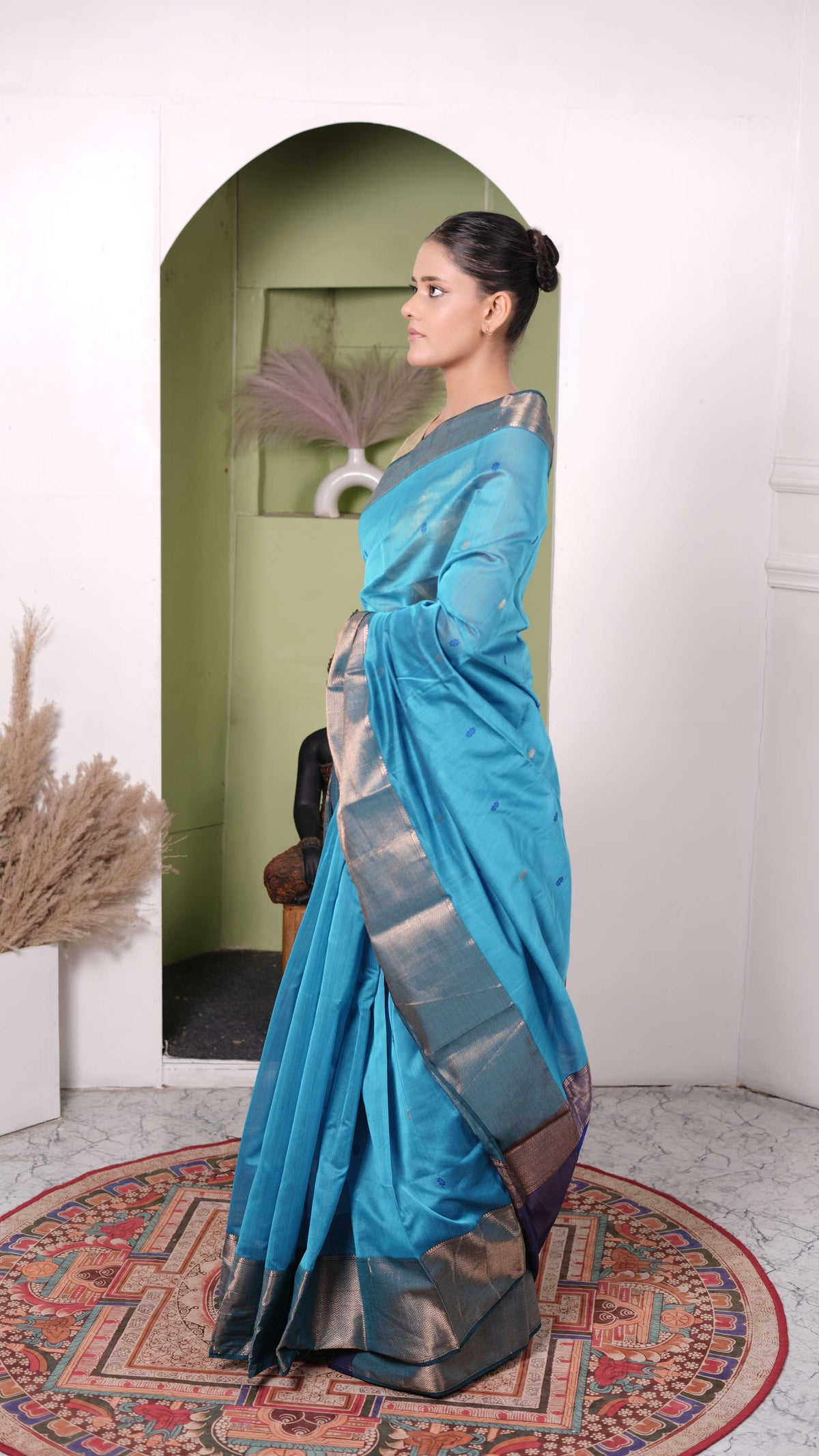 Small zari border, star booti saree, cotton silk,color-Turquoise/ Royal blue