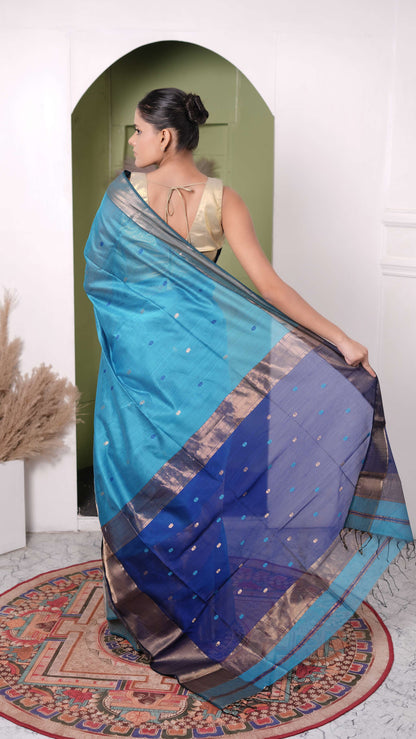 Small zari border, star booti saree, cotton silk,color-Turquoise/ Royal blue
