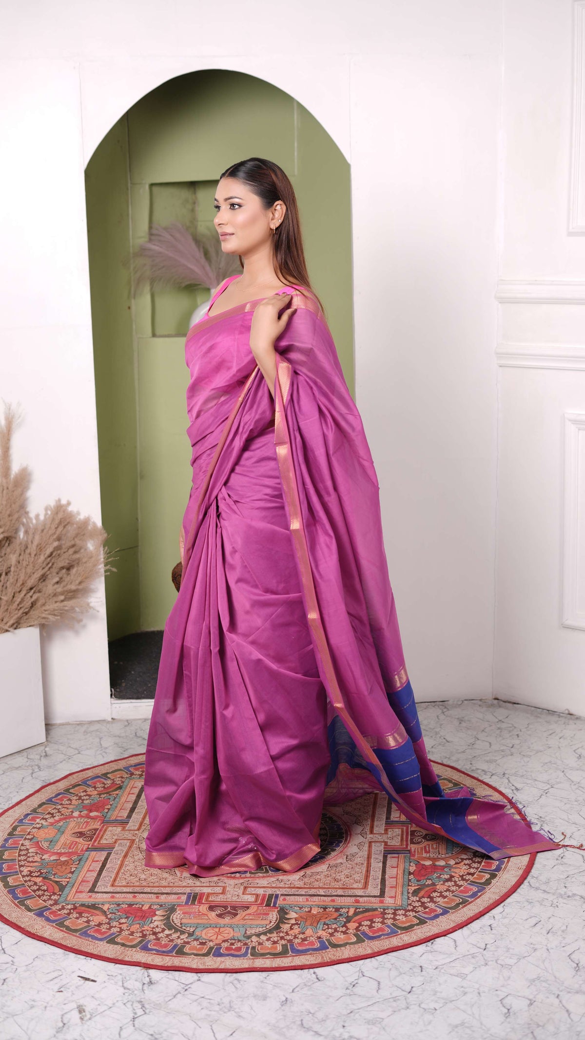 Zari Border plain Saree, Cotton Silk, Color-Purple/Blue