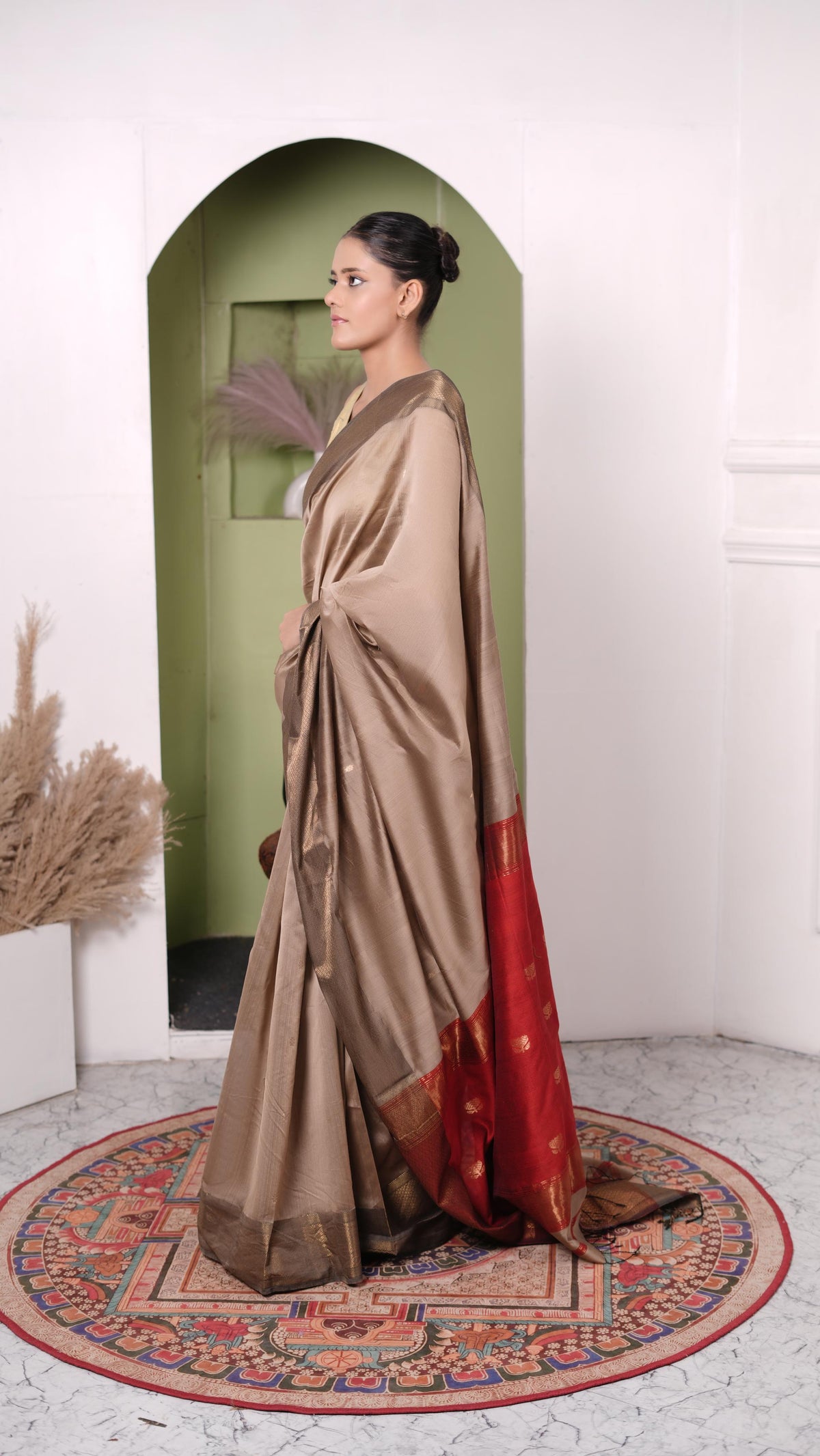 Golden zari, lotus booti saree, cotton silk, color-Red/beige