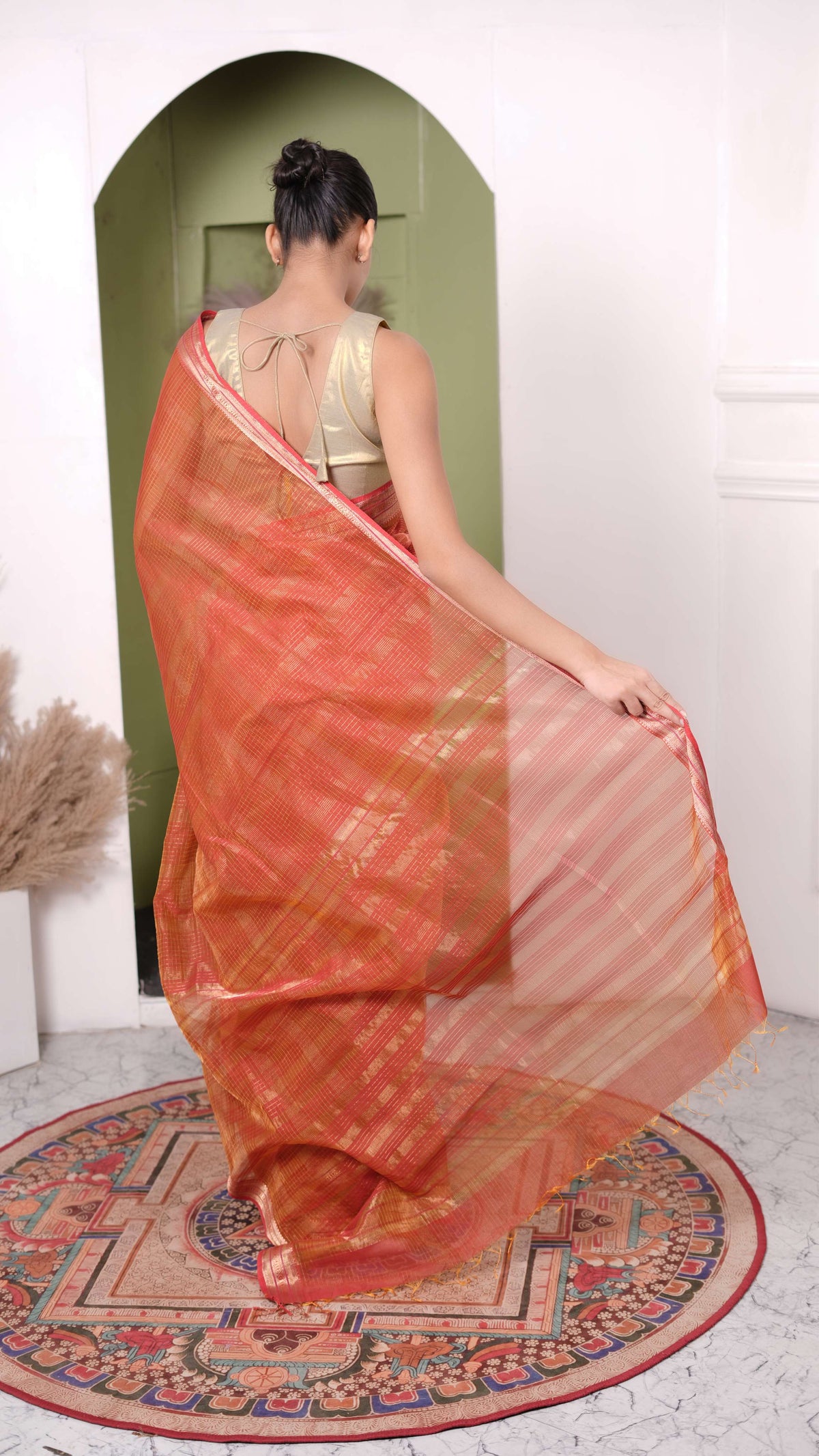 Golden zari checks saree, cotton silk, color-Rust orange