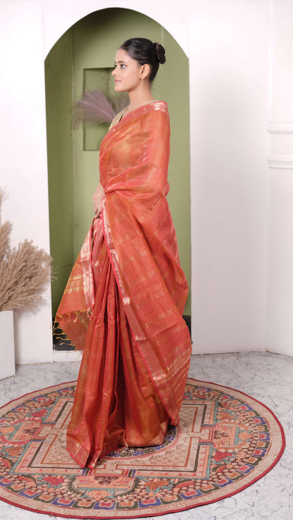 Golden zari checks saree, cotton silk, color-Rust orange