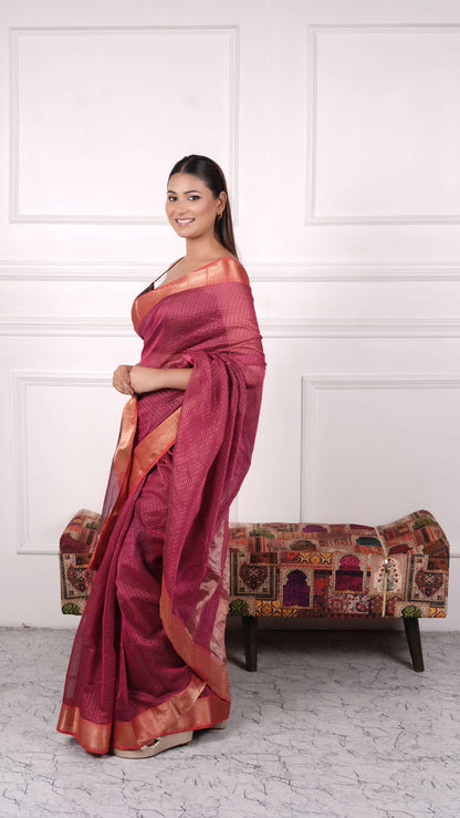 Golden zari checks saree, cotton silk, color-Magenta