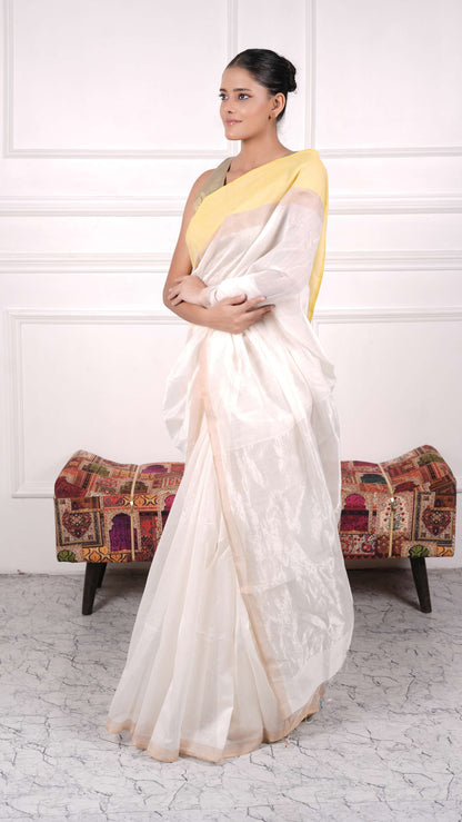 Multicolor plain saree with one side border, cotton silk, color- white/yellow