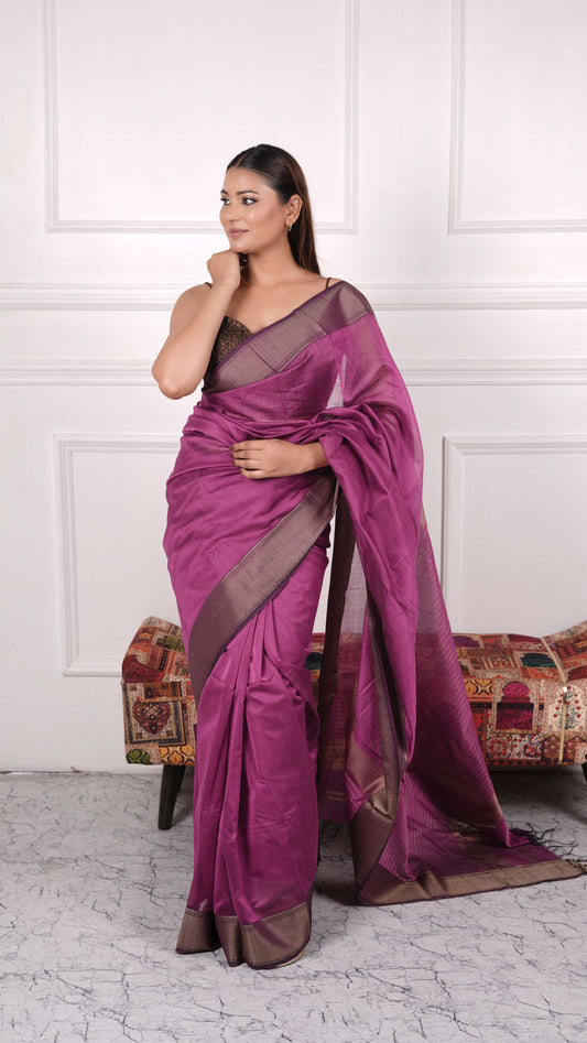 Resham wide zig-zag border saree, cotton silk, color-Magenta