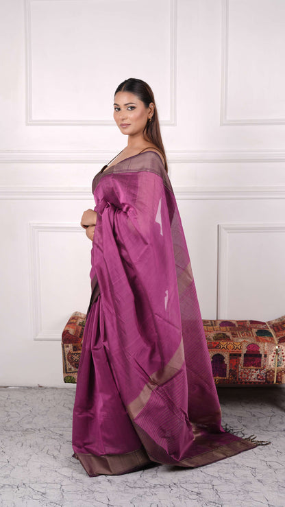 Resham wide zig-zag border saree, cotton silk, color-Magenta