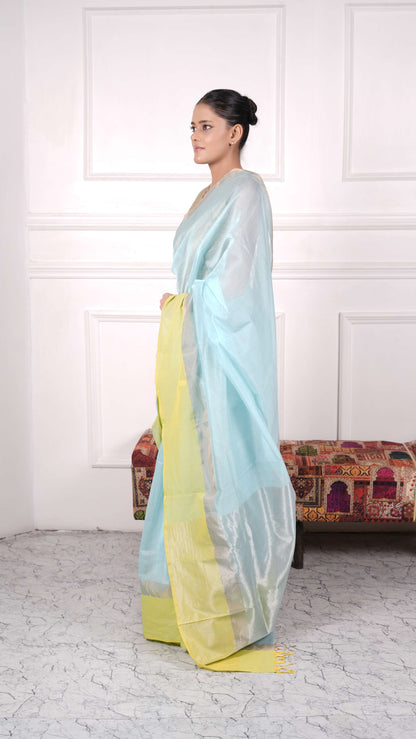 Multicolor plain saree with one side border, cotton silk, color- Lime green/sky blue