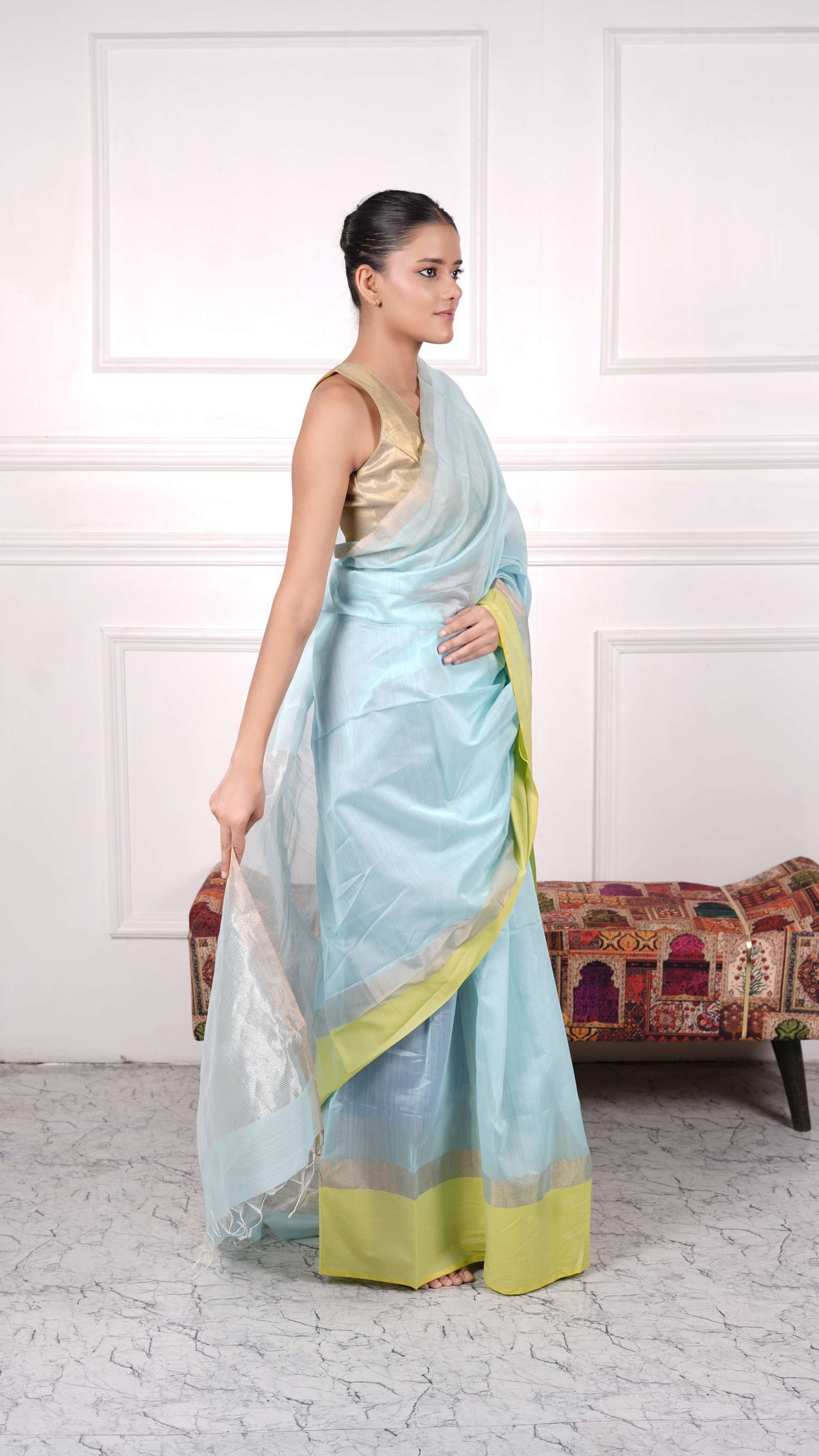 Multicolor plain saree with one side border, cotton silk, color- Lime green/sky blue